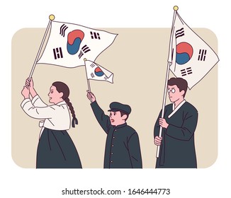 Independence Day commemorative illustration. People in history wearing traditional Korean costumes hold the Korean flag in their hands. hand drawn style vector design illustrations. 