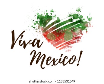 Independence day concept background. Abstract watercolor splashes in Mexico flag colors. Heart shaped watercolor blot. Viva Mexico!