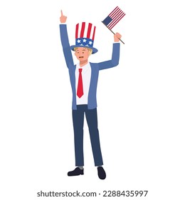 Independence day concept. A man in suit with american flag and hat is celebrating Fourth of July. Flat vector cartoon illustration