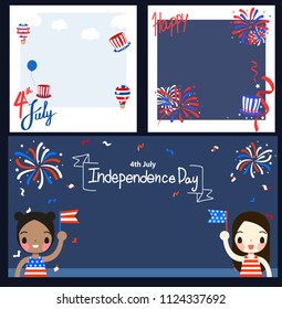 Independence day concept,isolated vector, post it note , postcard, air balloon , hat, firework and  two girl waving, holding american flags