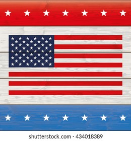 Independence day cover with US national colors on the wooden background. Eps 10 vector file.