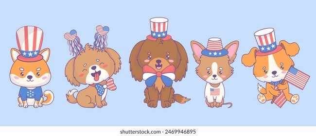 Independence Day. Cute festive dogs wearing clothes, accessories and party hats in colors of American flag collection. Isolated cartoon funny kawaii animal characters pet. Vector illustration