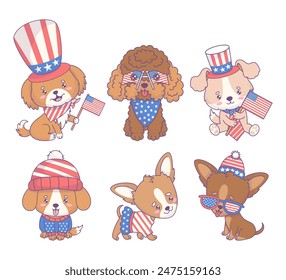 Independence Day. Cute festive patriotic dogs in clothes, accessories, glasses and hats in colors of American flag collection. Isolated cartoon funny kawaii animal characters pet. Vector illustration.