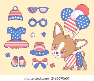 Unabhängigkeitstag. Nettes patriotisches Chihuahua Hundemädchen mit Kleid mit Luftballons, Kleidung, Accessoires, Party-Dekorationen in amerikanischen Flaggenfarben. Cartoon lustiges kawaii Haustier. Vereinzelte Vektorillustrationen.