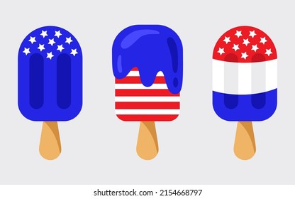 Independence day design with different ice cream in colors of the US national flag. Popsicle for 4th of July. Isolated vector illustration in flat style. 