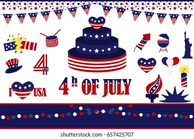 Independence day design element. USA flag pattern element. 4 th July. American national symbols set 