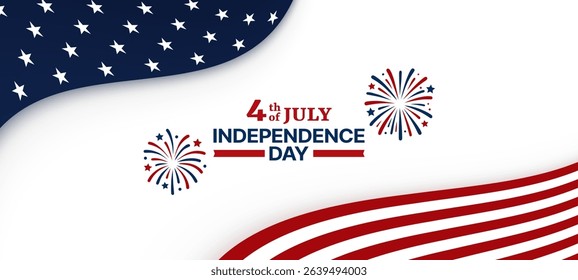 Independence Day design with fireworks and USA flag elements for 4th of July celebration and patriotic decoration. Vector graphics.