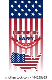 Independence Day design. Fourth of July. United States map on a background the Stars and Stripes. Happy Independence Day. Vector illustration on a white background