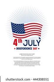 Independence Day design. Fourth of July. USA waving flag and greeting inscription - 4 July, Independence Day. Vector illustration on a white background