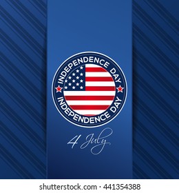 Independence Day design with Us flag and greeting inscription. 4th of July. Independence Day card. Round logo on elegant blue background. Vector illustration