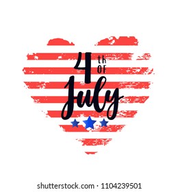 Independence day design. USA flag in heart shape. 4th of July USA greeting card. Vector card design. Greeting badge, emblem, card, poster, design element on white