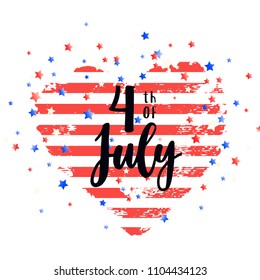 Independence day design. USA flag in heart shape with little stars confetti. 4th of July USA greeting card. Vector card design. Greeting badge, emblem, card, poster, design element on white