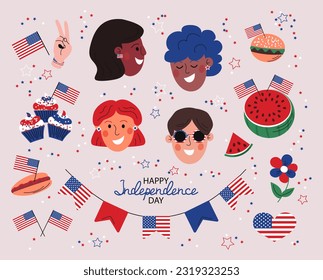 Independence day doodle set. 4th July collection. Happy American people's heads, flags, festive treats, stars. Vector illustration isolated on light gray background