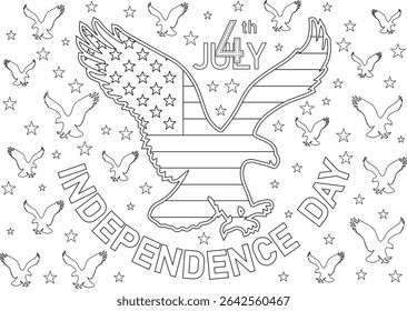 Independence Day Eagle and Stars Line Art, Black and white line art illustration for Independence Day, featuring a bald eagle overlaid with the US flag pattern, surrounded by stars and the text 4th