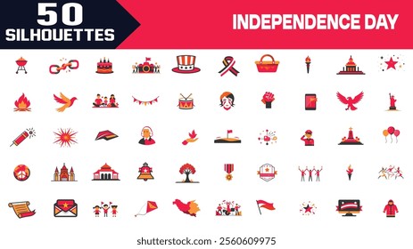 Independence Day, editable stroke outline web silhouette set, Independency Day celebration banners set. 4th of July felicitation greeting cards with waving American national flag on blue background