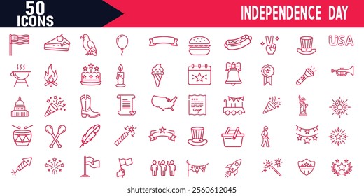 Independence Day Editable Stroke Outline Web Icons Set, 4th of July Celebration Banners Felicitation Greeting Cards with Waving American Flag on Blue Background.