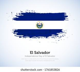 Independence day of El Salvador country. Abstract flag in shape of paint brush stroke with shiny colored background