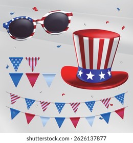 Independence day entry 4th of July USA national holiday set realistic vector illustration. USA celebration decoration flags, balloons, caps, glasses
