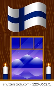 Independence Day of Finland. The concept of a national holiday. Flag of Finland. Window overlooking the mountain landscape. 2 white and blue candles