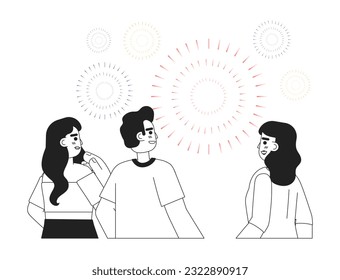 Independence day fireworks monochrome vector spot illustration. Happy USA citizens 2D flat bw cartoon characters for web UI design. National holiday celebration isolated editable hand drawn hero image