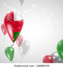 Independence Day. Flag of Oman on air balloon. Celebration and gifts. Balloons on the feast of the national.  Use for brochures, printed materials, signs, elements