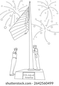 Independence Day Flag Raising Coloring Page, Black and white line art illustration for coloring, depicting two figures in uniform at a flagpole raising the American flag, with fireworks exploding in