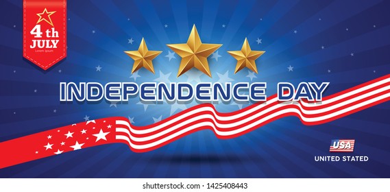 Independence day flag of united states and gold stars banners design background