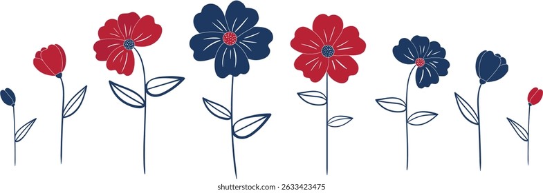 Independence Day floral vector set - 4th of July red blue white flower clipart - patriotic USA design elements