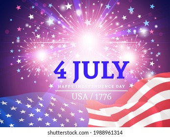 Independence Day, Fourth of July or July 4. Greeting card with USA flag and fireworks. US federal holiday commemorating the Declaration of Independence of the United States, on July 4, 1776. Vector