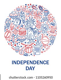 Independence day. Fourth of July doodle style card. Hand drawn decoration. Vector illustration