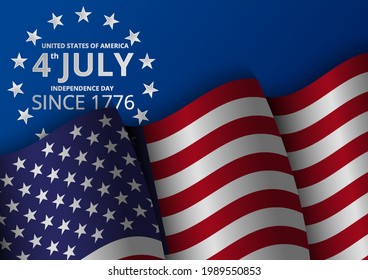 Independence day. Fourth of July. USA waving flag on blue background. Memorial day. Vector illustration.
