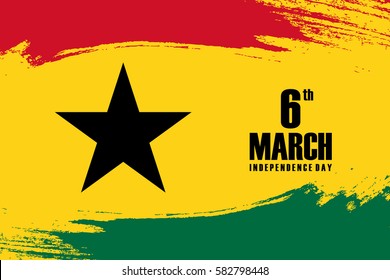 Independence Day of Ghana 6th march greeting card with brush stroke background in national colors. Vector illustration.