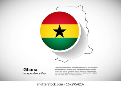 Unabhängigkeitstag in Ghana. Abstrakter Nationalurlaub in Ghana mit Kartendesign-Elementen und Länderflagge im Kreis. Elegante Grußkarte, Banner-Vektorillustration.