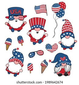 Independence day gnome elements cute cartoon vector collection summer America ice cream and flag