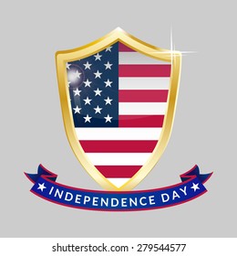 Independence Day golden shield and ribbon with the inscription, isolated on white background. Vector illustration.