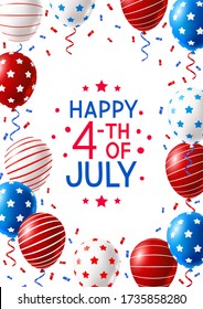 Independence day greeting card with color balloons and confetti isolated on white background 