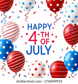 Independence day greeting card with color balloons and confetti isolated on white background