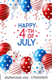 Independence day greeting card with color balloons and confetti isolated on white background