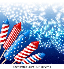 Independence day greeting card with color rockets and shiny fireworks on starry night sky background