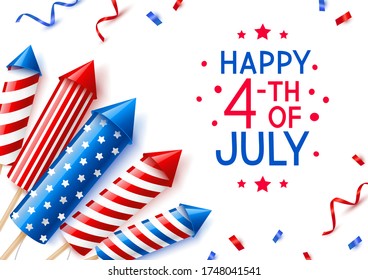 Independence day greeting card with firework rockets on white background