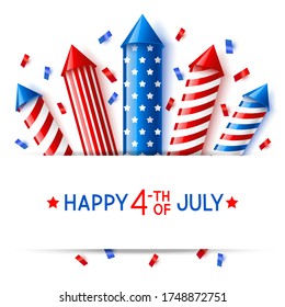 Independence day greeting card with firework rockets on white background