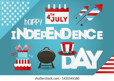 Independence Day Greeting Card. Fourth of July. Vector illustration. Blue Background.