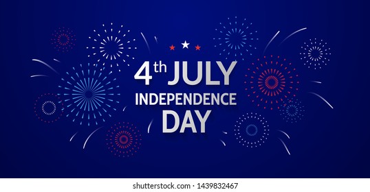 Independence Day greeting card. Fourth of July banner design with fireworks on blue background.  - Vector