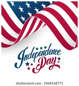 Independence Day greeting card with hand lettering and waving national flag of the United States. Happy 4th of July. White nackground. Vector illustration.