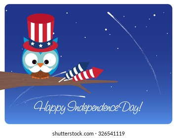 independence day greeting card, owl with bangers wears patriotic clothes during independence day