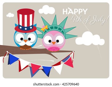 independence day greeting card, owls wearing patriotic clothing during independence day