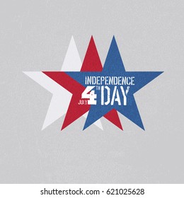 Independence day greeting card. Patriotic design template. Three stars colored in red, white, blue. Grunge textures in layers and can be edited.