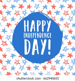 Independence Day greeting card. Red and blue stars on background. Vector hand drawn illustration