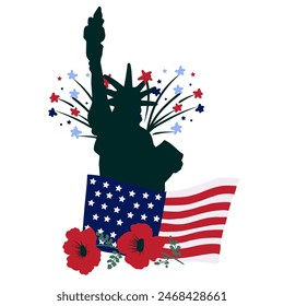 Independence Day greeting card. Silhouette of the Statue of Liberty, american flag and red poppies.