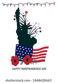 Independence Day greeting card. Silhouette of the Statue of Liberty, american flag and red poppies.